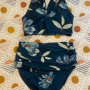 Elegant Floral Bikini Set - Navy